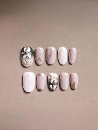 10片装魔镜粉高级混合手绘小花清新轻盈奢华手工美甲贴片，适合不同风格的女性搭配，可拆卸重复使用。