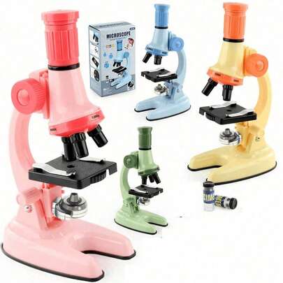 قطعة واحدة مجموعة مجهر للأطفال، مجهر بيولوجي منزلي مدرسي تعليمي من 100 إلى 1200 قوة تكبير بتقنية LED، أدوات بصرية للأطفال