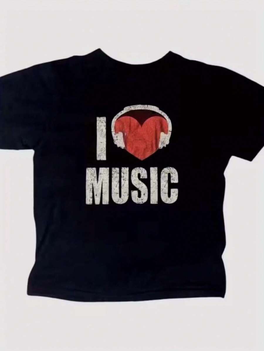 Teen Girl Clothes Baby Tee Y2K Style, I Love Music & Headphone Heart Print, Teen Shirts Girls Clothes, Round Neck Breathable Fabric, Teen Girl Outfits Fun Teen Girl Gifts - 黑色 - 查看 1