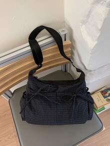 韩日风格子女式单肩包，休闲百搭，蝴蝶结装饰，多口袋设计，可折叠，肩带可调节，适合日常使用、上学/大学场合，简约可爱，褶皱设计，多口袋，抽绳前袋格子布包，复古风，卡哇伊风 - 彩色 - 查看 3