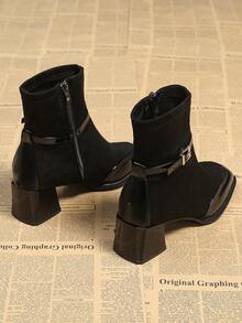 2025 秋冬新款复古法式英伦风黑色方头皮革绒面短靴女款，侧拉链修身粗跟扣带时尚正装靴，优雅 - 黑色 - 查看 4