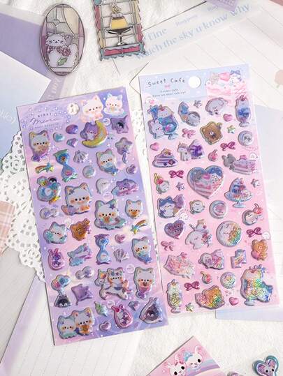 2/1 件可重复使用 3D 贴纸 - 可爱水果冰淇淋、实验室贴纸、动物和宠物（猫、狗）| 自粘分层贴纸，不对称形状，哑光表面，适用于剪贴簿、日记、计划本、DIY 手工艺品 | 柔和色彩和彩色卡通 3D 浮雕可爱趣味贴纸，水晶钻石浮雕贴纸，定制创意计划本贴纸（随机款式）