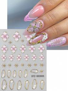 2pcs 5D Stickers For Nails Emboss Pink White Five-Petaled Flowers Gold Line Star Design Decals Slider Press On Manicure Accessories Nail Supplies Gifts For Women - Multicolor - View 2
