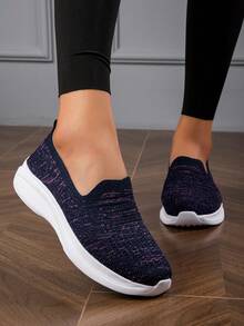 Women's Casual Slip-On Breathable Knit Flat Loafers, Lightweight & Comfortable Walking Shoes - Navy Blue - View 3