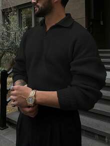 Jersey de punto de cuello polo de manga larga informal para hombres de talla grande para otoño e invierno - Negro - Ver 1