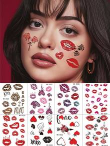 8 Sheets Kiss Tattoos Stickers With Leopard Print Rose Flowers Hearts Lip Temporary Tattoos For Women Makeup Valentine's Day Decoration Party Festival Accessories - Multicolor - View 1