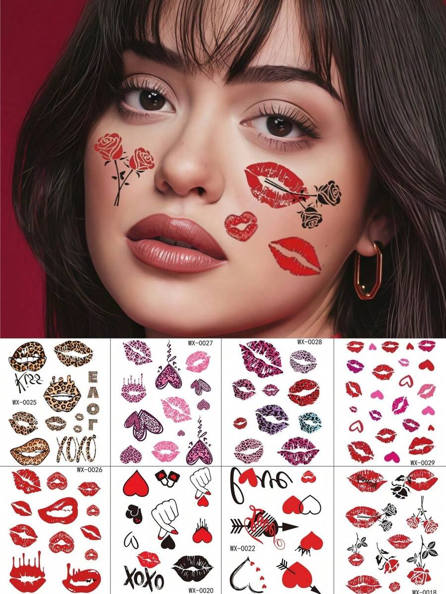 8 Sheets Kiss Tattoos Stickers With Leopard Print Rose Flowers Hearts Lip Temporary Tattoos For Women Makeup Valentine's Day Decoration Party Festival Accessories - Multicolor - View 1