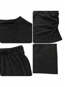 Women's Casual Clothing Solid Color Two-Piece Women's Casual Waist Pleated Long-Sleeved Top With Trousers Suit - 深灰色 - 查看 5