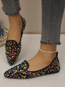 大码 35-45 女式尖头平底鞋,新款秋季户外日常休闲乐福鞋,时尚软底工作驾驶莫卡辛鞋,百搭平底鞋,可搭配连衣裙 - 紫彩虹色亮片 - 查看 5