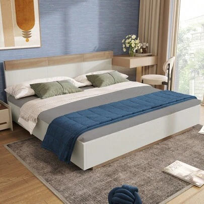 Double Bed With Bed Frame, 2 Bedside Tables With LED Lights And USB-C Socket, 180 X 200 Cm, Wooden Bed Included. 2 Bedside Tables Complete Bedroom Set--205x284x90.5 Cm (W/H/D) Set In Sonoma Oak/White (Mattress Not Included)