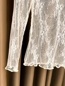 2025 New Arrival Women's Lace Mock Neck Layering Mesh Sheer Long Sleeve Slim Fit Undershirt, Spring/Summer/Autumn - Beige - View 4