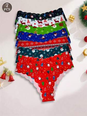 7条装女士低腰无痕圣诞元素印花内裤，包括绿树、圣诞帽、可爱印花