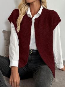 Women's Casual Loose Solid Color Fuzzy Sleeveless Cardigan Knit Sweater, Autumn/Winter - Burgundy - View 5