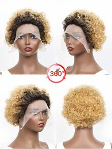 精灵短卷发假发 水波纹蕾丝闭合假发 真人发假发 预拔毛侧分蕾丝假发 女士真人发假发 #350 #99J #1B #1B/27 #1B/350 #1B/99J 圣诞假发