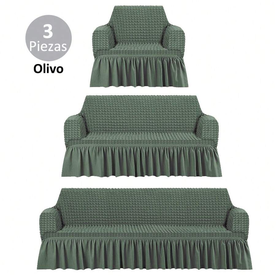 AMOROSA 3 Pieza Funda Cubre Sala con Falda Tipo Plumeti Funda de Sofá Lavable Elástica Fácil de Instalar Fundas para Sillones Sala  (1 plaza, 2 plazas, 3 plazas) Decoración Sala