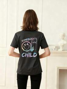 Teenager Girls' Tropical Print Round Neck Short Sleeve T-Shirt, Summer Top - Dark Grey - View 2