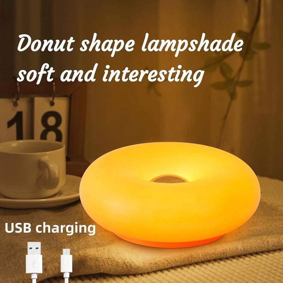 Modern Design Donut Table Lamp, LED Bedside Desk Lamp With Durable Shade, Rotomolded Small 3-Color Dimmable Nightstand Lamps (Not Glass) (Pink) Dimmable Usb - Pink - View 1
