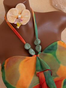 Women's Summer Random Print Wide Strap Ruffle Trim Spaghetti Strap Bikini Top