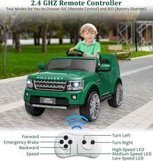 12V licenciado Land Rover Dual-Drive coche de juguete para niños con control remoto de padres / almacenamiento con capucha, coche eléctrico para niños con reproductor de MP3 / luz led / interfaz AUX / interfaz USB, adecuado para edades 3-8 - Verde - Ver 4
