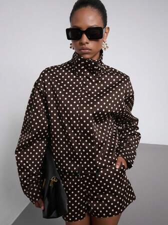 Se-Hore Fashion Women's Autumn New Arrival Clothing, Back To School/College Outfit, Street Style, Autumn/Winter Fashion Outfit, European & American Style Retro Polka Dot Stand Collar Bomber Jacket