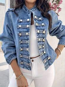Women's Large-Sized Washed Blue Short-Sleeved Denim Jacket With A Stand-Up Collar, Double Row Metal Buttons, Slim Fit, Versatile And Retro Casual Style. Women's Large-Sized Denim Jacket. - Navy Blue - View 8