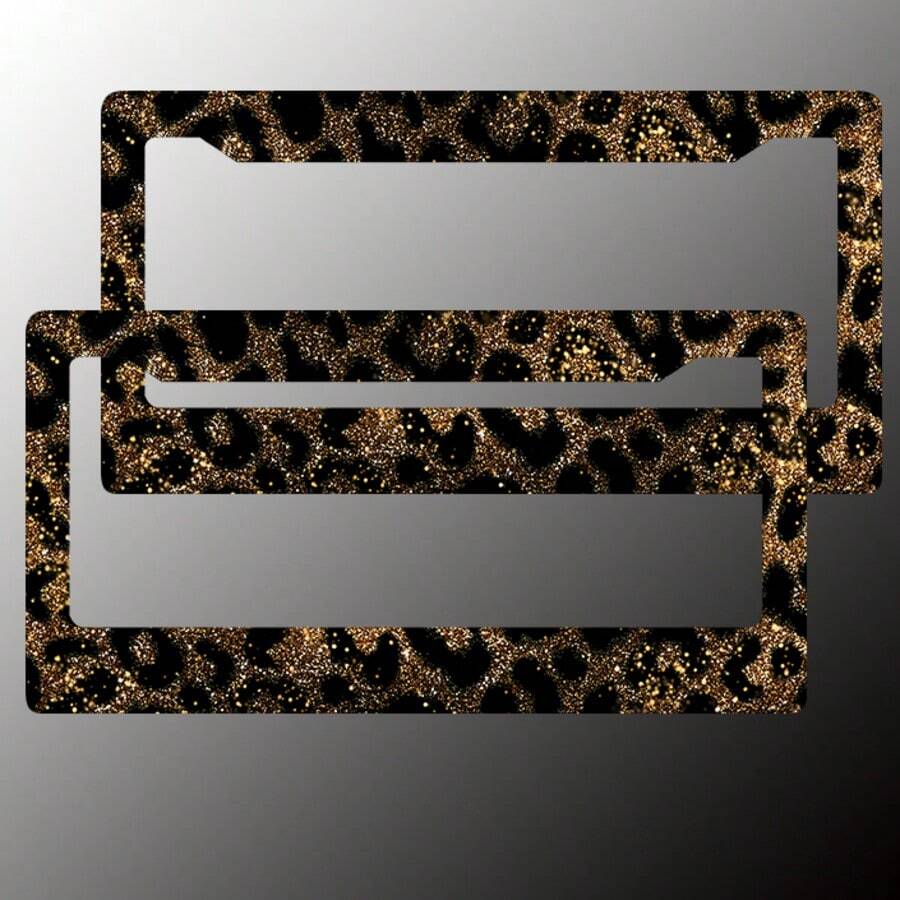 2-Piece Gold Glitter Leopard Print License Plate Frame - Aluminum Material, Rust-Proof/Loose-Proof/Weatherproof | US Standard Size, Includes Mounting Hardware, Easy To Install | Stylish Car Cover, Durable Vehicle Mount, Suitable For All Vehicles - Brown - View 1