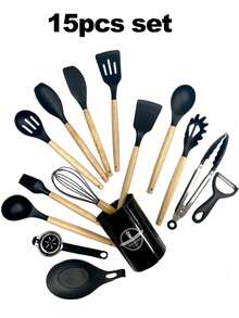 14/15pcs Black Silicone Kitchen Utensil Set With Wooden Handles: Complete Cooking Tools In Organizer Bucket For Modern Kitchens - Multicolor - View 7