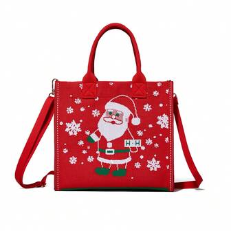 Christmas Exclusive: Unique Santa Claus & Snowflake Jacquard Small Tote Bag, 2-In-1 Handheld & Crossbody, Vibrant Red Festive Eye-Catching Piece With Cute Holiday Details