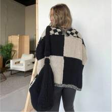 Women's Autumn/Winter Casual Color-Blocked Plaid Cardigan Knit Sweater Long-Sleeved Knit Top - màu đen - Xem 5