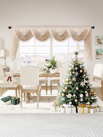 1pc Beige Fringe Curtain, Bohemian Style Faux Linen Material Short Valance, Suitable For Living Room, Bedroom, Kitchen Window And Door Decor