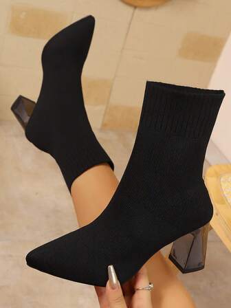 Women's Minimalist Fashion Pointed Toe Chunky Heel Mid-Calf Boots, Comfortable Warm Elastic Slim Fit Ankle Boots, Suitable For Spring, Autumn And Winter