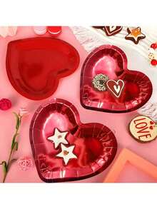 10个心形纸盘，红色心形装饰餐具，适合情人节、周年纪念日、生日、婚礼派对 - 紅色 - 查看 5