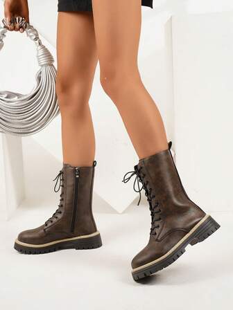 Women's Fashion Casual Side Zipper Buckle Motorcycle Boots, Western Boots, Chunky Heel Shoes, Black Boots, Autumn Shoes, Long Boots, Rubber Shoes, Winter Boots, Over-The-Knee Boots, Knee-High Boots, Mid-Calf Boots