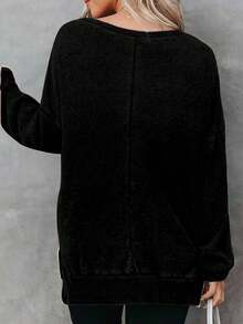 女士秋冬新款时尚简约纯色圆领侧开衩华夫格针织卫衣，通勤、旅行、约会、日常穿着皆宜，长袖上衣 - 黑色 - 查看 2