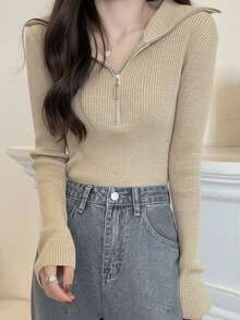 女士修身百搭拉链半领长袖针织毛衣 - 杏色 - 查看 3