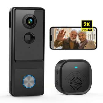 智能视频门铃，1080P无线视频门铃，2.4G WiFi智能门铃摄像头，具备夜视、AI检测、实时视频、2K分辨率、16种免费铃声、双向语音和对讲功能、内置可充电电池、支持APP云存储和SD卡存储、室内/室外均可使用、防水家用安全门铃，可作为圣诞礼物送给朋友或家人。