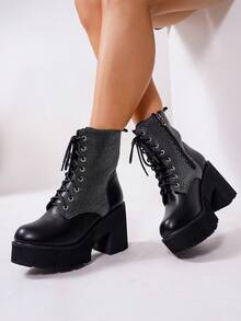 女士经典休闲度假简约坡跟厚底踝靴，秋冬款 - 黑色 - 查看 3