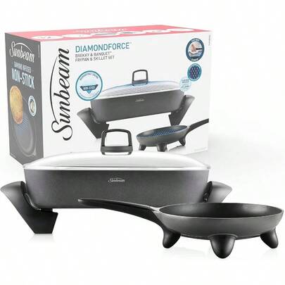 Sunbeam Banquet Electric Frying Pan And Skillet Set DiamondForce Non-Stick Pan Coating Even Heat Cooking Easy Wipe-Clean Up Black