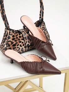 Women's High Heel Shoes, Fashion Kitten Heel Mules, Brown Pleated Bow Decor, Sexy Party Evening Sandals, Elegant Basic Style New Arrival Women Shoes, Suitable For All Seasons - Brown - View 2