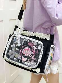 1个可爱蕾丝荷叶边装饰单肩包，优雅精致的日式风格，透明层叠装饰，适合动漫/漫画展，大容量休闲手提包，配有可拆卸可调节肩带 - 黑色 - 查看 3