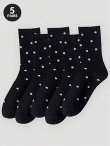 5 pares de calcetines medianos estilo Ins para mujer, calcetines de lunares grises para otoño/invierno, calcetines versátiles tipo tripulación - Multicolor - Ver 10