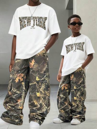 Tween Boy Cartoon Print Round Neck Short Sleeve T-Shirt And Pants Set