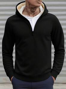 Men's Fleece Hoodie, Minimalist Design, Easy To Match, Winter, Valentine's Day Gift - Black - View 8