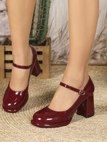 Fall/Winter 2025 Fashion Burgundy Pumps For Women, Minimalist Chunky Heeled Mary Jane Pumps,Elegant, Elegant Goddess Aesthetics: Simple, Comfortable High Heels. - Màu Đỏ Sâu - Xem 3