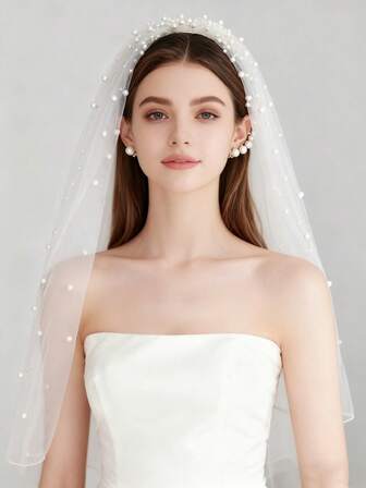 新娘头纱和珍珠蓬松头饰，希贾布，新娘婚纱头纱，新娘面纱