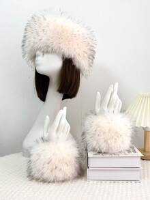 人造毛皮发箍和耳套套装 | 弹力蓬松狐狸毛波西米亚风发饰，女士适用 | 冬季节日派对头饰（1 套）蓬松发箍、毛绒耳罩、冬季发带、波西米亚风配饰、节日装备、情人节礼物