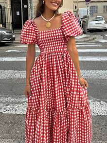 2026春夏女式格子优雅波西米亚休闲时尚外出约会假日泡泡袖荷叶边下摆褶皱红色连衣裙，女式音乐会服装，街头风，女式情人节服装 - 紅色 - 查看 5