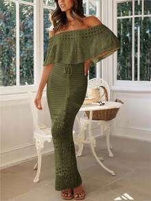 2026 Summer Women's New Elegant Hollow Out Drawstring Off-Shoulder Waist Tie Maxi Dress, Green, Women's Holiday Wear, Women's Spring Outfit, Street Style, Women's Elegant Dress, Women's Cruise Wear, Beach Outfits, Vacation Outfits, Party Dress, Women's Birthday Outfit, Festive Clothing, Women's New Year's Eve Outfit, Business Casual Women's Wear - Army Green - View 3
