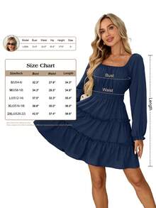 1 pieza Vestido de mujer con cuello cuadrado, manga larga, volantes escalonados, corte evasé, vestido mini fluido con bolsillos - Azul Marino - Ver 5