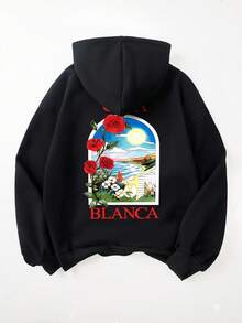Cotton men's top, rose beach pattern sweatshirt, men's black drop shoulder sweatshirt, thick fabric warm and loose hoodie for autumn and winter, suitable for cold weather. - 黑色5 - 查看 3